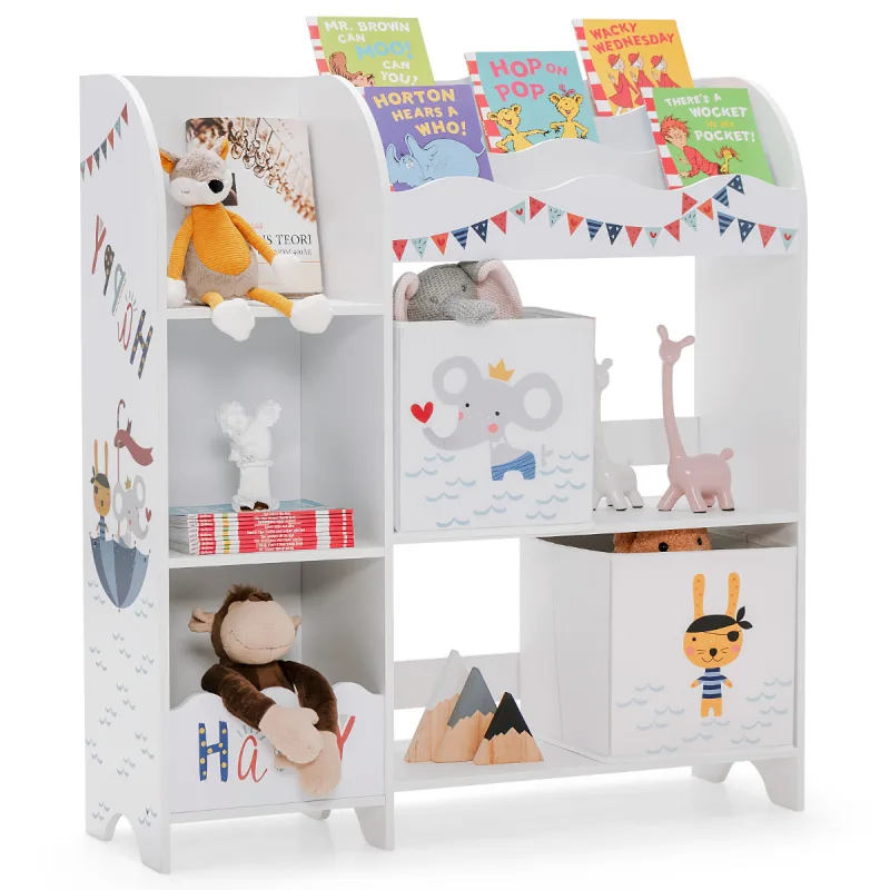 Costway Armario para Niños Organizador con 3 Niveles y 5 Compartimientos 2 Cajones de Tejido para Libros Juguetes 93 x 30 x 102 cm Blanco