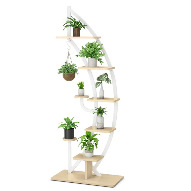 Costway Estantería Metálica para Plantas 7 Niveles Soporte Curvado en Forma de Media Luna con Gancho para Flores Balcón 60 x 30 x 155 cm