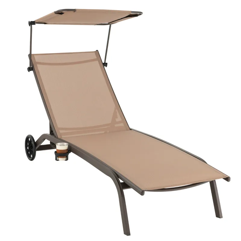 Costway Tumbona Jardín Silla Reclinable 6 Niveles 2 Ruedas Toldo Ajustable Portavasos Carga 150kg Playa Terraza Balcón Piscina 191 x 61 x 96cm