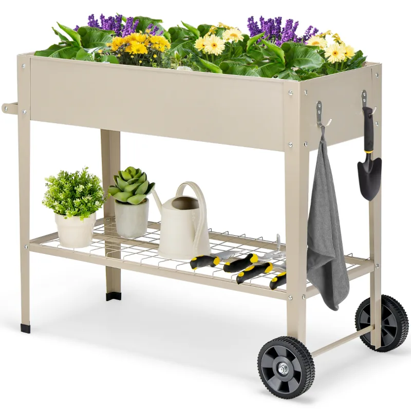 Costway Cama de Jardín Elevada con Patas Caja de Cultivo para Macetas con Ruedas Estante Jardinera para Vegetales Flores 95 x 40 x 80 cm Blanco