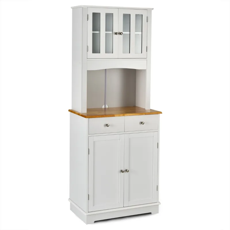 Costway Aparador de Cocina Armario con 2 Puertas de Vidrio Templado 2 Cajones 3 Estantes Ajustables y Estante Abierto 68 x 40 x 170 cm Blanco