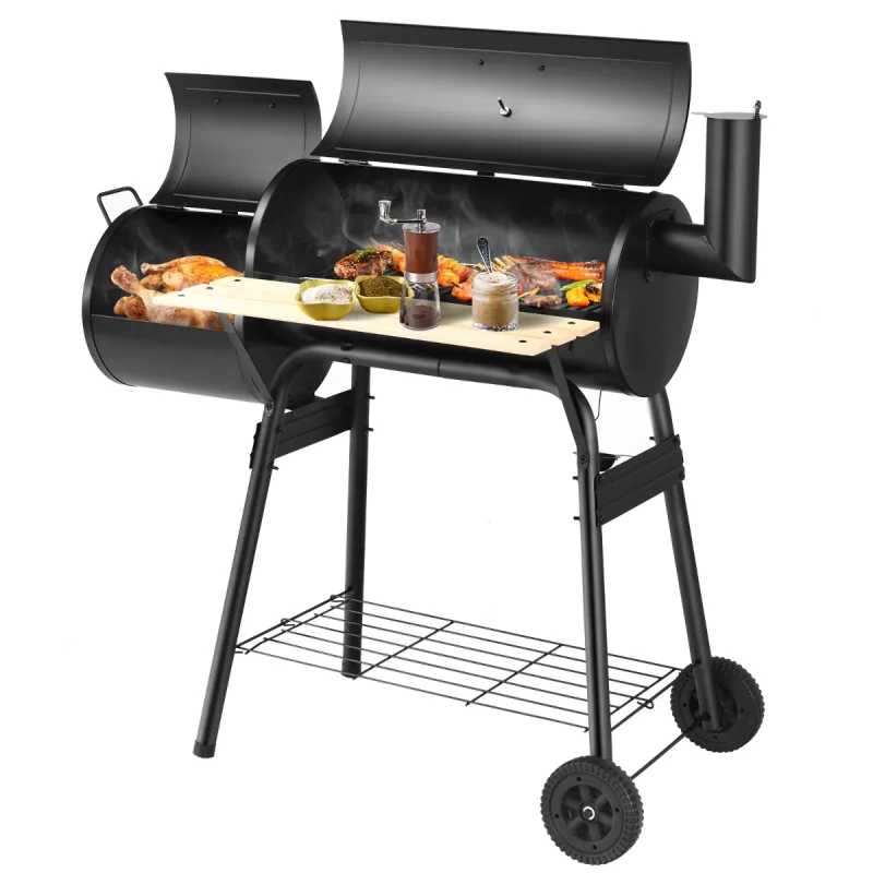 Costway Parrilla de Carbón BBQ con Ahumador Lateral Estante Asas de Madera Dos Ruedas 115 x 65 x 108 cm Negro