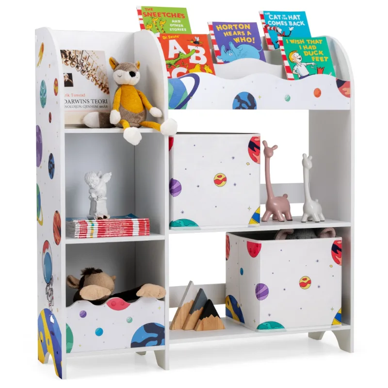 Costway Armario Organizador para Niños con 3 Niveles 5 Compartimientos y 2 Cajones de Tejido para Juguetes 93 x 30 x 102 cm Tema Astronautas