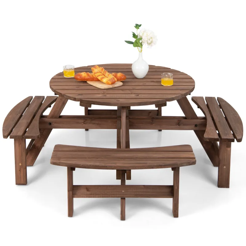 Costway Conjunto de Mesa de Picnic de Madera para Exteriores para 8 Personas con Orificio para Sombrilla Mesa de Picnic y 4 Bancos para Jardín