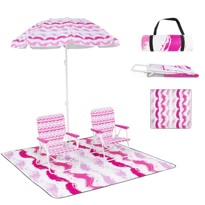 Costway Juego de Sombrilla de Playa con 2 Sillas Plegables y Manta de Picnic Parasol Portátil de Exterior con Mecanismo de Inclinación Rosa