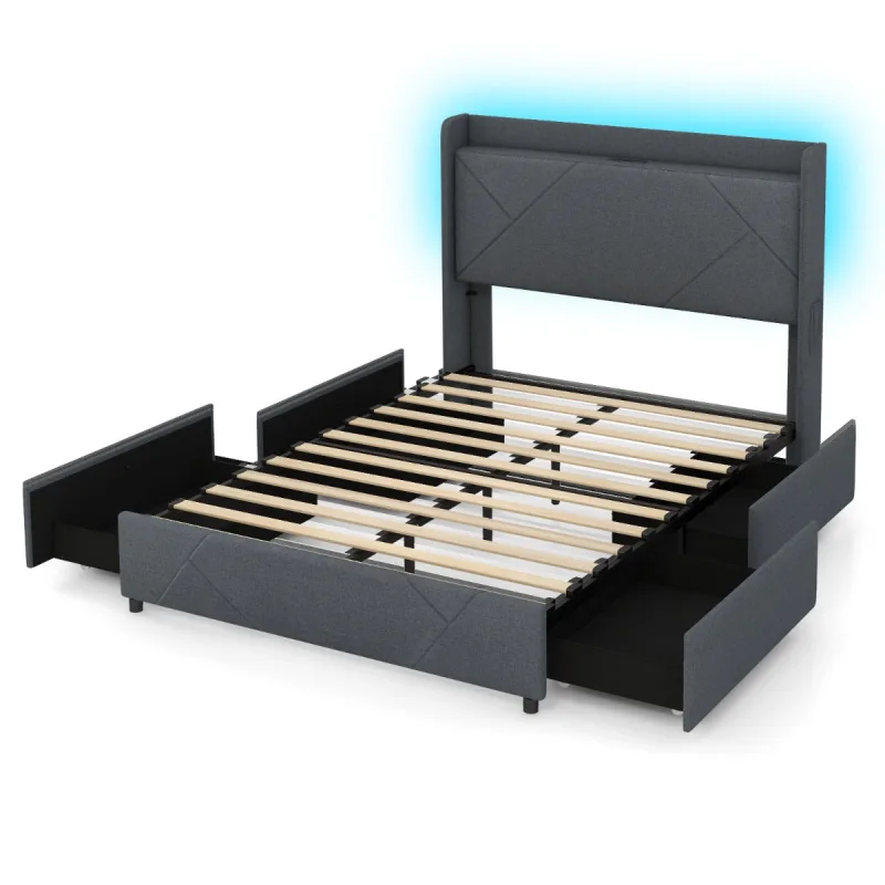 Costway Marco de Cama con LED Color y Brillo Ajustables Mando a Distancia Estructura de Cama con Cabecero y 4 Cajones Plegables para Dormitorio Gris