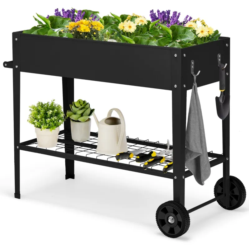 Costway Cama de Jardín Elevada con Patas con Estante Inferior Jardinera Móvil con Ruedas y Patas Jardinera Elevada de Metal para Patio Negro