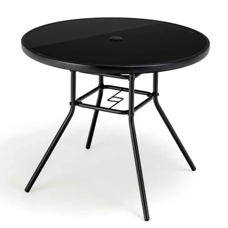 Costway Mesa de Comedor para Patio de 86 cm Mesa Redonda de Vidrio Templado con Agujero para Sombrilla de 3,5 cm Estructura Metálica Negro