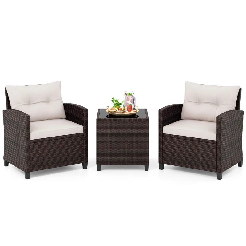 Costway Conjunto Bistró Exterior 3 Piezas Ratán y Mesa Cristal Templado con Cojines para Balcón Porche Jardín