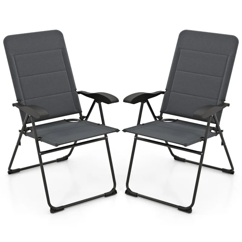 Costway Juego de Sillas Plegables de 2 Piezas para Exteriores con Respaldo Ajustable Soporte Ergonómico y Cojín de Asiento Marco de Metal Gris