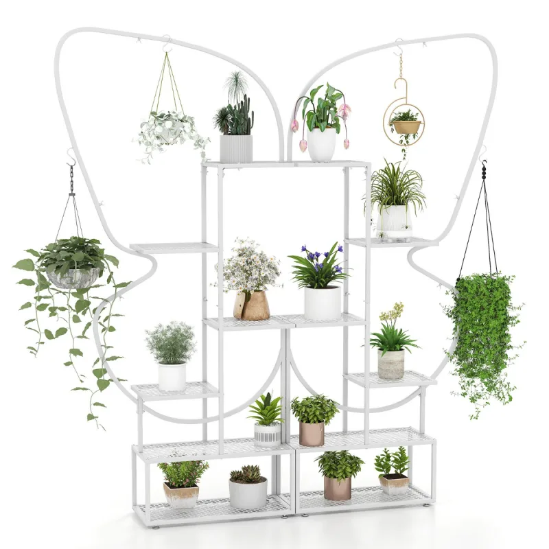 Costway Soporte de Plantas de Metal de 6 Niveles con 12 Tablas de Malla Metálica y 4 Ganchos Estante de Exhibición de Escalera Blanco