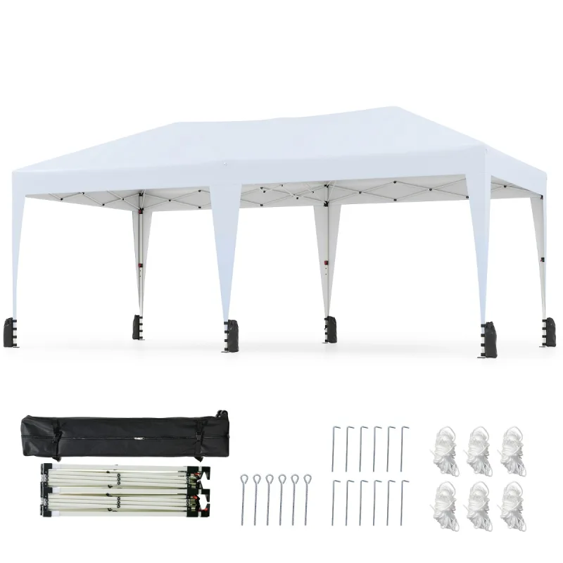 Costway Toldo Plegable Exterior con Estacas Anclajes Cuerdas de Viento Bolsas y Ruedas para 6-8 Personas para Camping 305 x 590 x 266 cm Blanco
