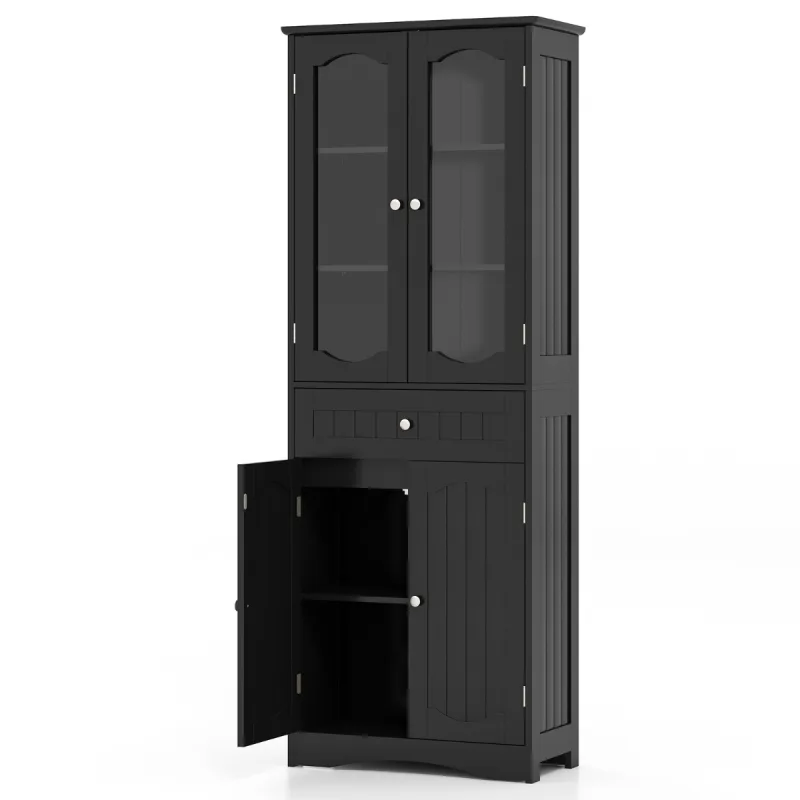 Costway Armario de Baño Alto de 160 CM Puertas de Vidrio Templado Estantes Ajustables y Cajón Grande para Cocina Sala de Estar Oficina Negro