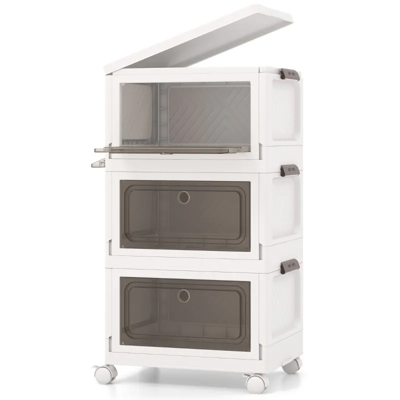 Costway Juego de 3 Cubos de Almacenamiento Apilables con Tapa 75L Contenedores de Plástico Plegables con 2 Aperturas Plegables con Ruedas