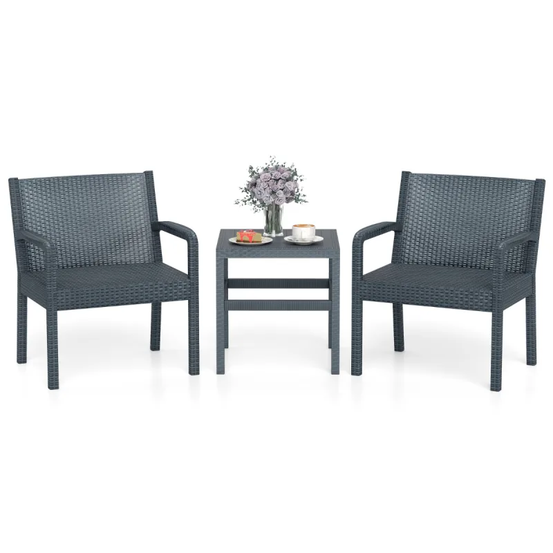 Costway Conjunto de Muebles de Patio de 3 Piezas Conjunto de Conversación al Aire Libre con 2 Sillón de Ratán y Mesa Auxiliar de Ratán PP Gris