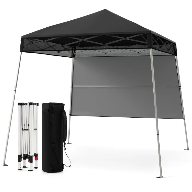 Costway 182 x 182 cm Carpa Plegable con 1 Pared Lateral Refugio Exterior de Ensamblaje Fácil con Patas Inclinadas Ajustables 4 Estacas Negro