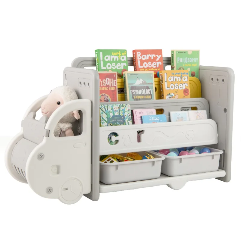 Costway Armario de Almacenamiento de Juguetes con Tema de Coche con Estante de 3 Niveles 2 Cajas de Almacenamiento 108 x 35 x 63,5 cm Gris