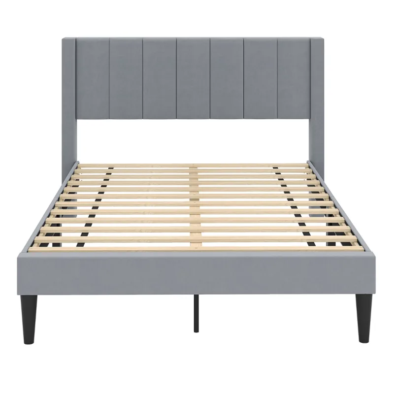 Costway Marco de Cama con Cabecero Tapizado con Pies Antideslizantes Estructura de Cama de Listones para Dormitorio 211 x 155 x 105 cm Gris