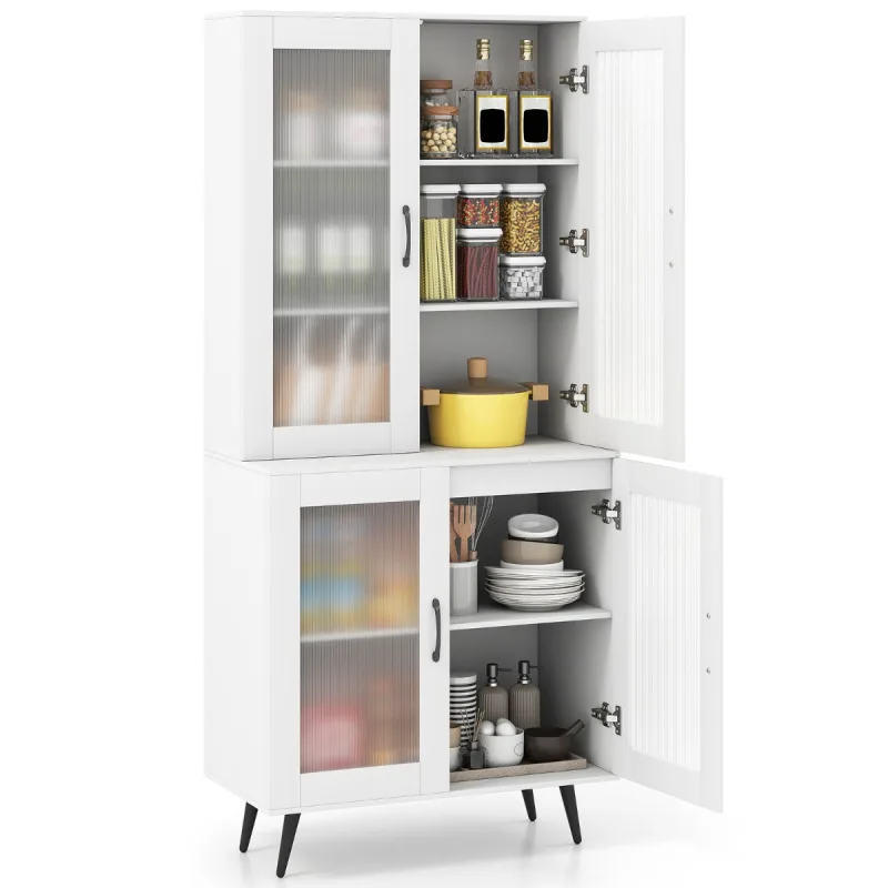 Costway Armario Despensa de Cocina con 4 Puertas Estante Ajustable con Patas Metálicas para Comedor 80 x 40 x 178,5 cm Blanco