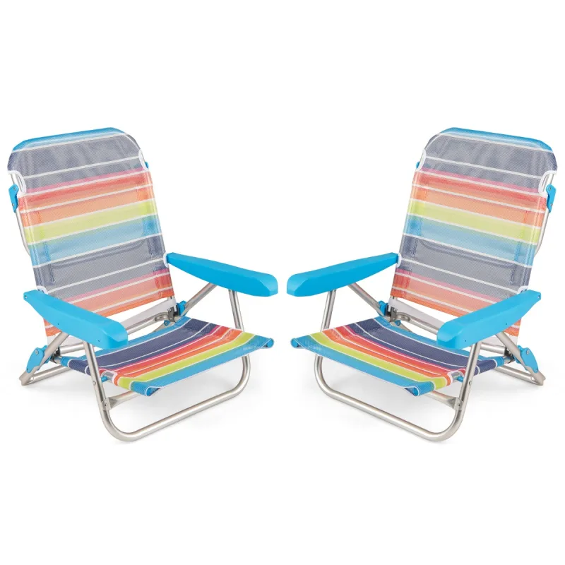 Costway Juego de 2 Sillas de Playa para Adultos Silla Plegable Reclinable de 5 Posiciones con Reposabrazos Correa de Transporte