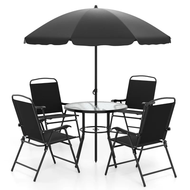Costway Conjunto de Comedor de Exterior de 6 Piezas con Sombrilla Mesa Redonda y Sillas Plegables para 4 Templado para Jardín Negro