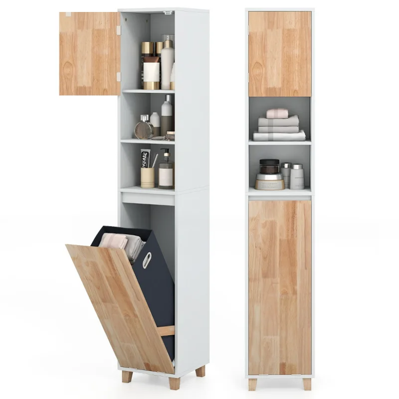 Costway Armario para Ropa Sucia Tilt Out Mueble Alto para Baño con Puertas de Madera de Caucho Estantes de 3 Niveles y Cesta para Ropa Sucia Blanco