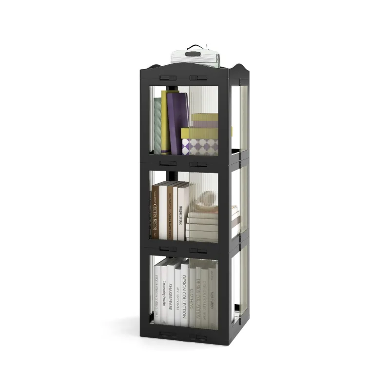 Costway Estantería 3 Niveles Giratoria Plegable Biblioteca Giratoria 360° con Base Giratoria Torre de Estantería de Estante para Esquinas Negro
