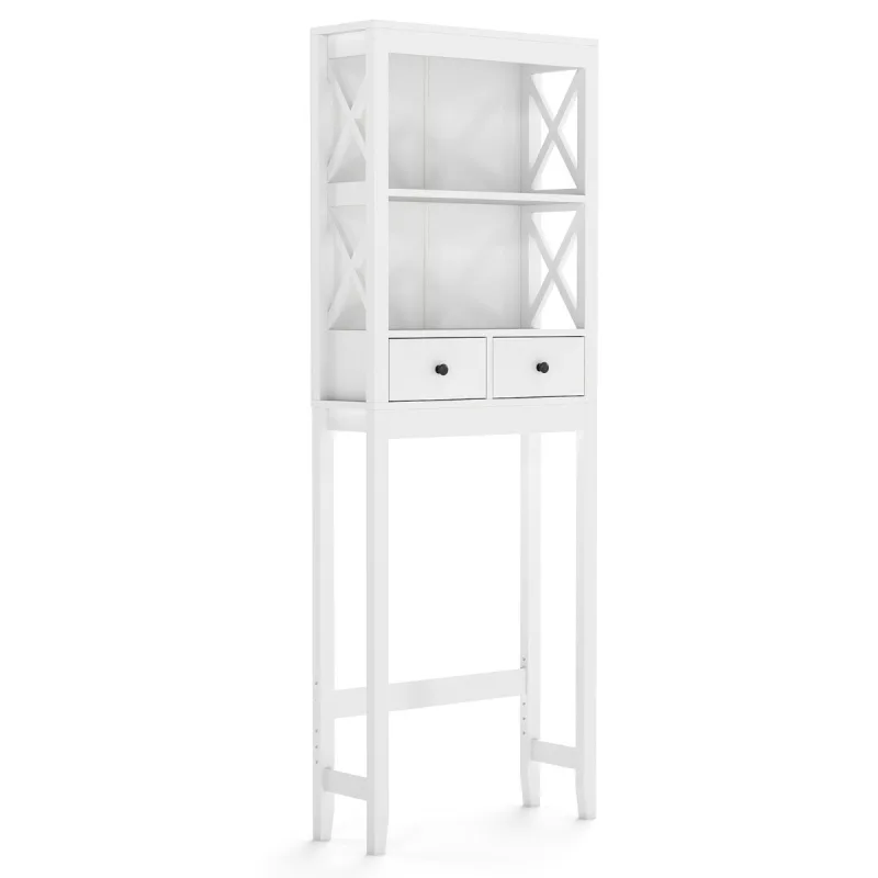 Costway Estante de Almacenamiento sobre el Inodoro Organizador de Baño Independiente de 165 cm con Estantes Abiertos Cajones y Barra Inferior Blanco