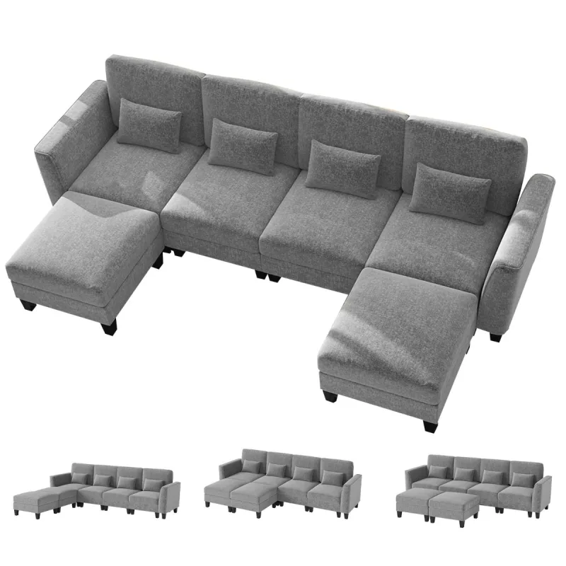 Costway Sofá Seccional con 2 Otomanas Sofá Modular Cómodo en Forma de U con Puertos de Carga USB y Tipo C Almohadas Conjunto de Diván Gris