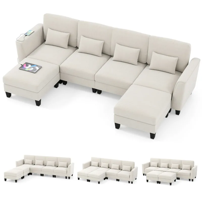 Costway Sofá Seccional con 2 Otomanas Sofá Modular Cómodo en Forma de U con Puertos de Carga USB y Tipo C Almohadas Conjunto de Diván Blanco