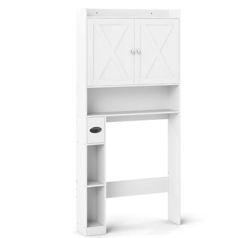 Costway Armario de Almacenamiento sobre Inodoro Estantería Organizadora con Doble Puerta Portarrollos de Papel Higiénico y Estante Ajustable Blanco