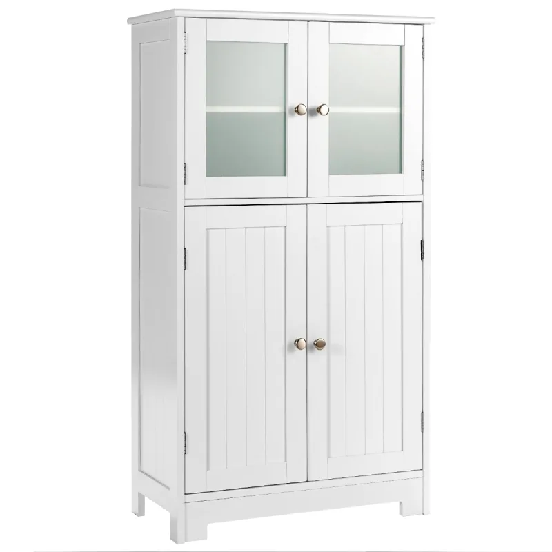 Costway Armario del Baño Organizador Multiuso Antivuelco con 4 Puertas de Vidrio Repisas Regulables para Salón Cocina Pasillo Blanco 58 x 30 x 109 cm