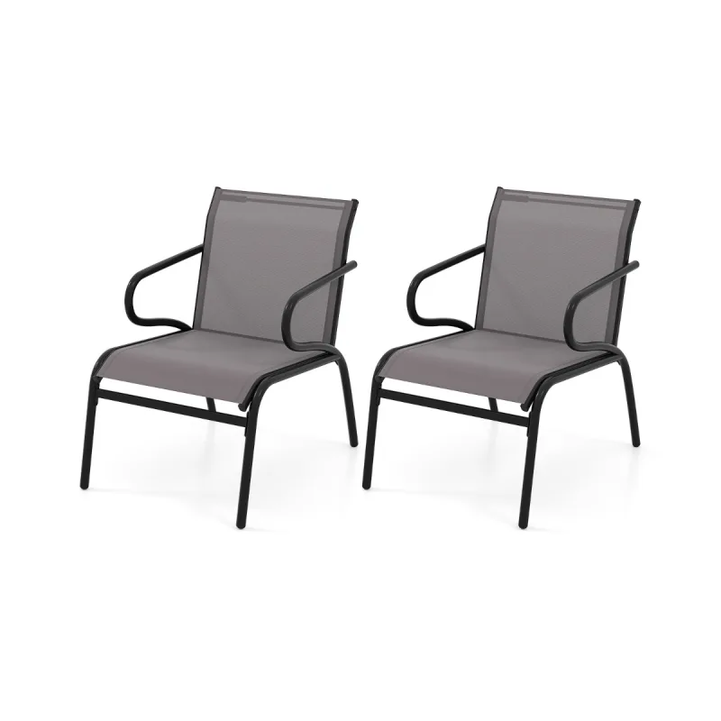 Costway Conjunto de 2 Sillas para Exteriores Juego de Muebles de Jardín con Respaldo Alto y Reposabrazos Sillas Apilables con Tejido Transpirable Gris