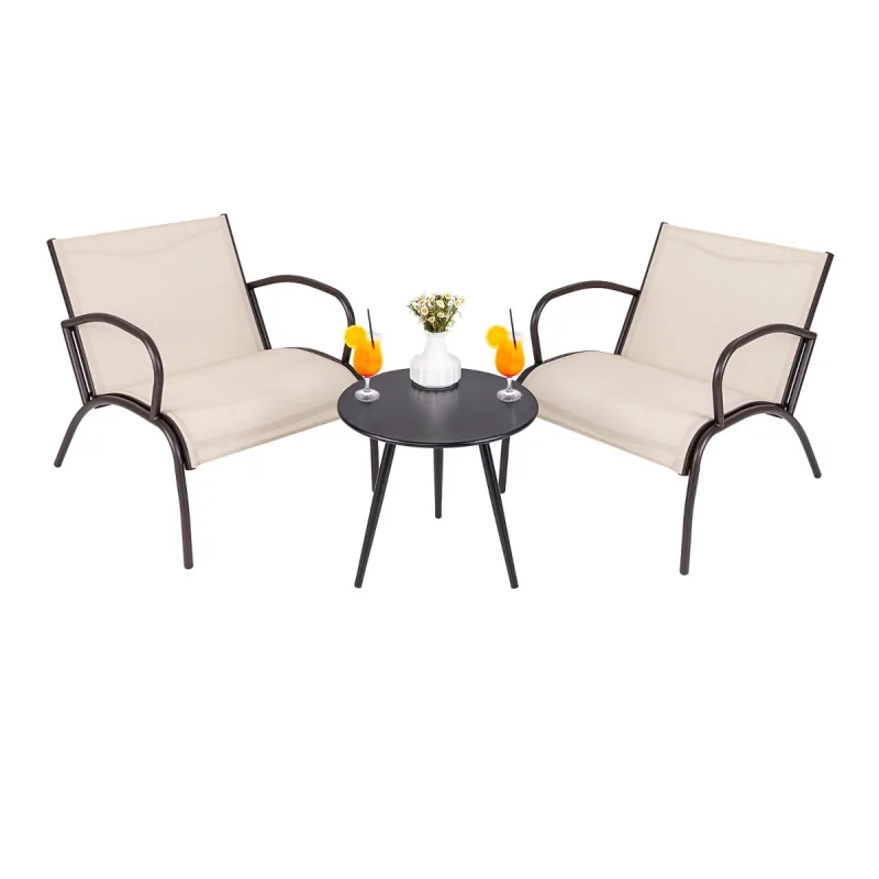 Costway Conjunto de Sillas de Patio de 3 Piezas con Asiento de Tela Curvada y Mesa de Café Redonda para Patio Porche 81 x 63 x 73 cm Marrón Claro