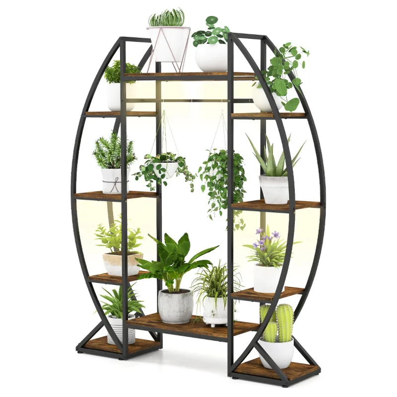 Costway Soporte para Plantas con Lámparas de Crecimiento Ajustables con 10 Estantes y 3 Ganchos Estantería 127 x 30 x 160 cm Marrón y Negro