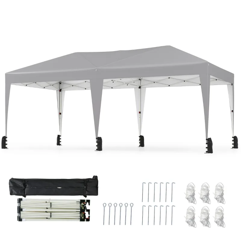 Costway Toldo Plegable Exterior con Estacas Anclajes Cuerdas de Viento Bolsas y Ruedas para 6-8 Personas para Camping 305 x 590 x 266 Gris