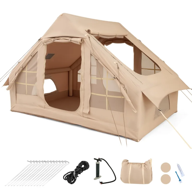Costway Tienda Inflable para 4-6 Personas con 4 Ventanas de Malla 2 Puertas Tragaluz Ventilaciones Superiores Bolsa de Transporte Cuerdas Beige