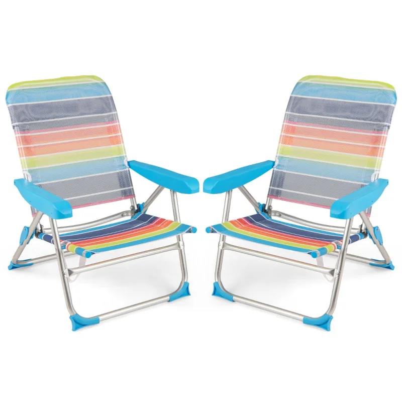 Costway Juego de 2 Sillas de Playa para Adultos Silla de Picnic Plegable con Reposabrazos Respaldo de 4 Posiciones Correa de Transporte Multicolor