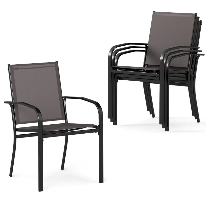 Costway Juego de 4 Sillas de Exteriores Apilables con Resplado Alto Asiento Ancho Reposabrazos para Exterior 61 x 57,5 x 89 cm Gris