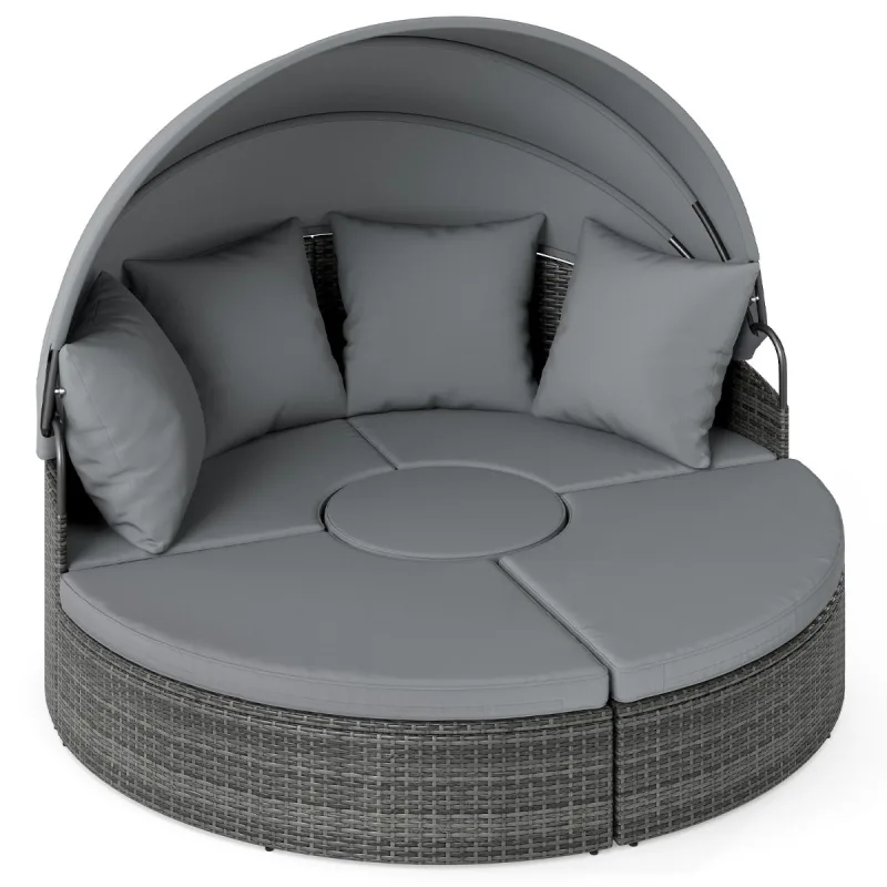 Costway Sofá Cama Redondo de Jardín con Toldo Retráctil Cojines y Almohadas Extraíbles para Terraza Piscina 171 x 172 x 141 cm Gris
