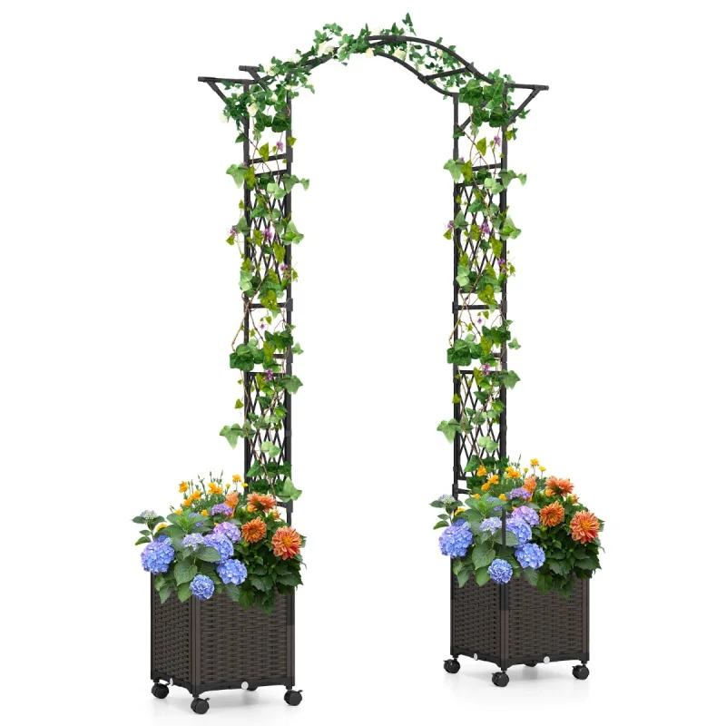 Costway Arco para Jardín con 2 Jardineras con Ruedas Capa de Acumulación de Agua para Plantas Trepadoras y Flores para Patio 208 x 40 x 250 cm Negro