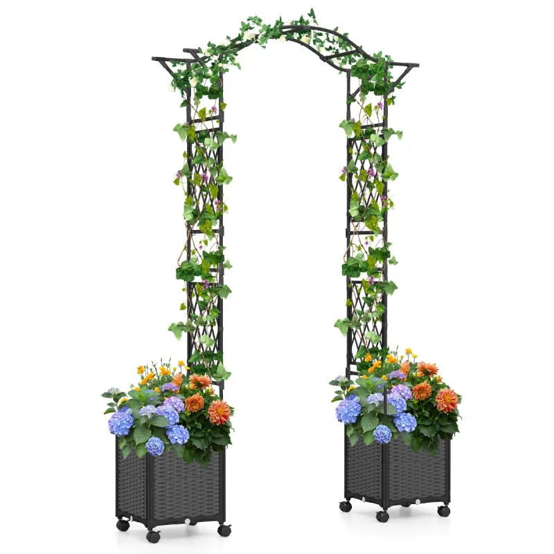 Costway Arco para Jardín con 2 Jardineras con Ruedas Capa de Acumulación de Agua para Plantas Trepadoras y Flores para Patio 208 x 40 x 250 cm Gris