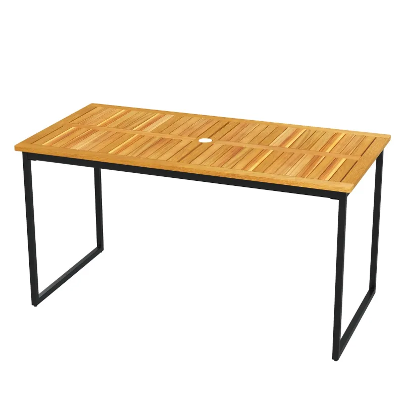 Costway Mesa de Comedor de Madera de Acacia para 6 Personas Rectangular de 140cm con Tablero Ranurado Estructura de Metal y Agujero Natural y Negro