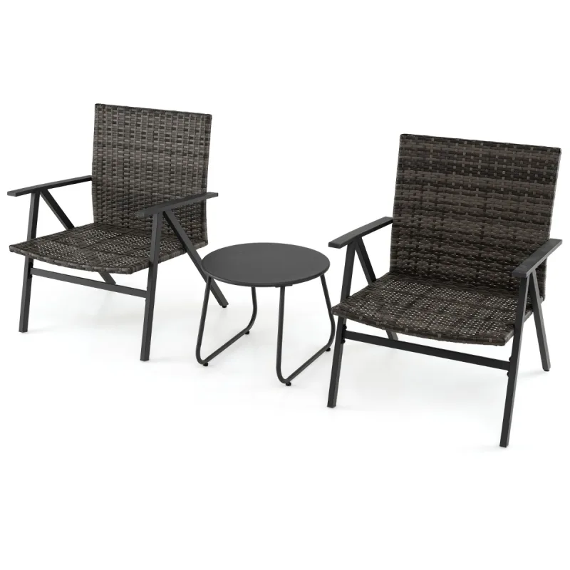 Costway Set de Muebles de Exterior de 3 Piezas Mesa Redonda y 2 Sillones de Ratán con Pies Ajustables Asiento Ancho Respaldo Alto Gris Oscuro