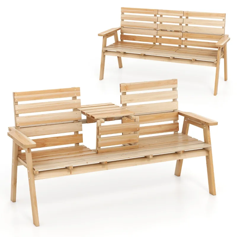 Costway Banco Jardín Exterior con Mesa Plegable Banco de Madera de Abeto 2-3 Personas con Respaldo y Reposabrazos para Porche Natural