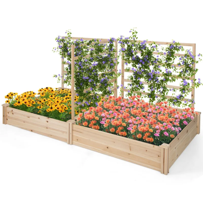 Costway Cama de Jardín Elevada con 2 Maceteros y 3 Enrejados Kit de Macetero de Madera para Exteriores para Patio 222 x 114 x 110 cm Natural