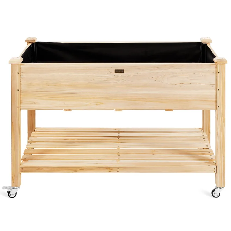 Costway Cama de Jardín Elevada de Madera con Ruedas Bloqueables Estante y Forro Protector Caja de Cultivo para Flores Vegetales y Hierbas Natural