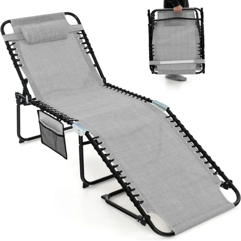 Costway Tumbona Plegable Silla Reclinable con Reposacabezas Removible Respaldo Regulable en 4 Posiciones para Camping 189 x 59 x 40 cm