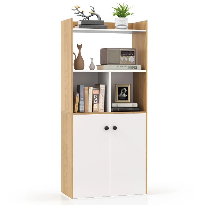 Costway Estantería de 3 Niveles Alto Librería con Gabinete de Doble Puerta Cubos Abiertos Vitrina Moderna Armario para Estudio 60 x 30 x 140 cm