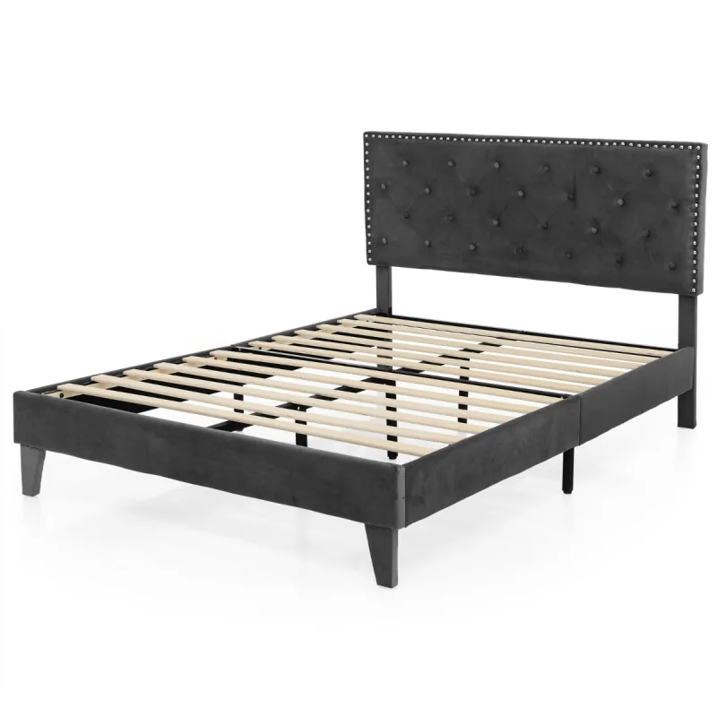 Costway Cama Plataforma de Madera Tapizada Marco de Cama Moderno con Cabecero Acolchado Botones para Colchón Montaje Fácil Gris